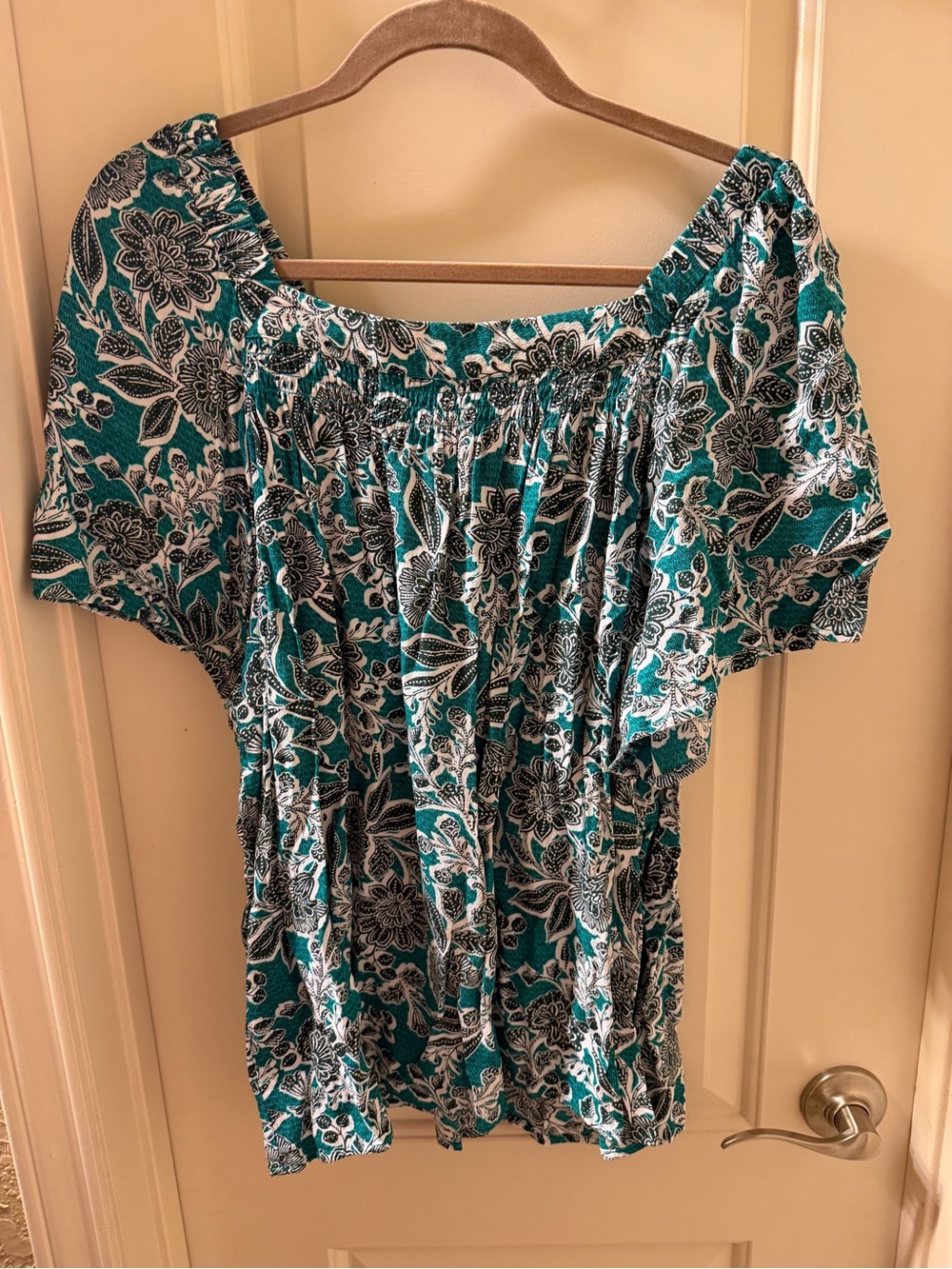 LOFT Teal Floral Smocked Neck Blouse